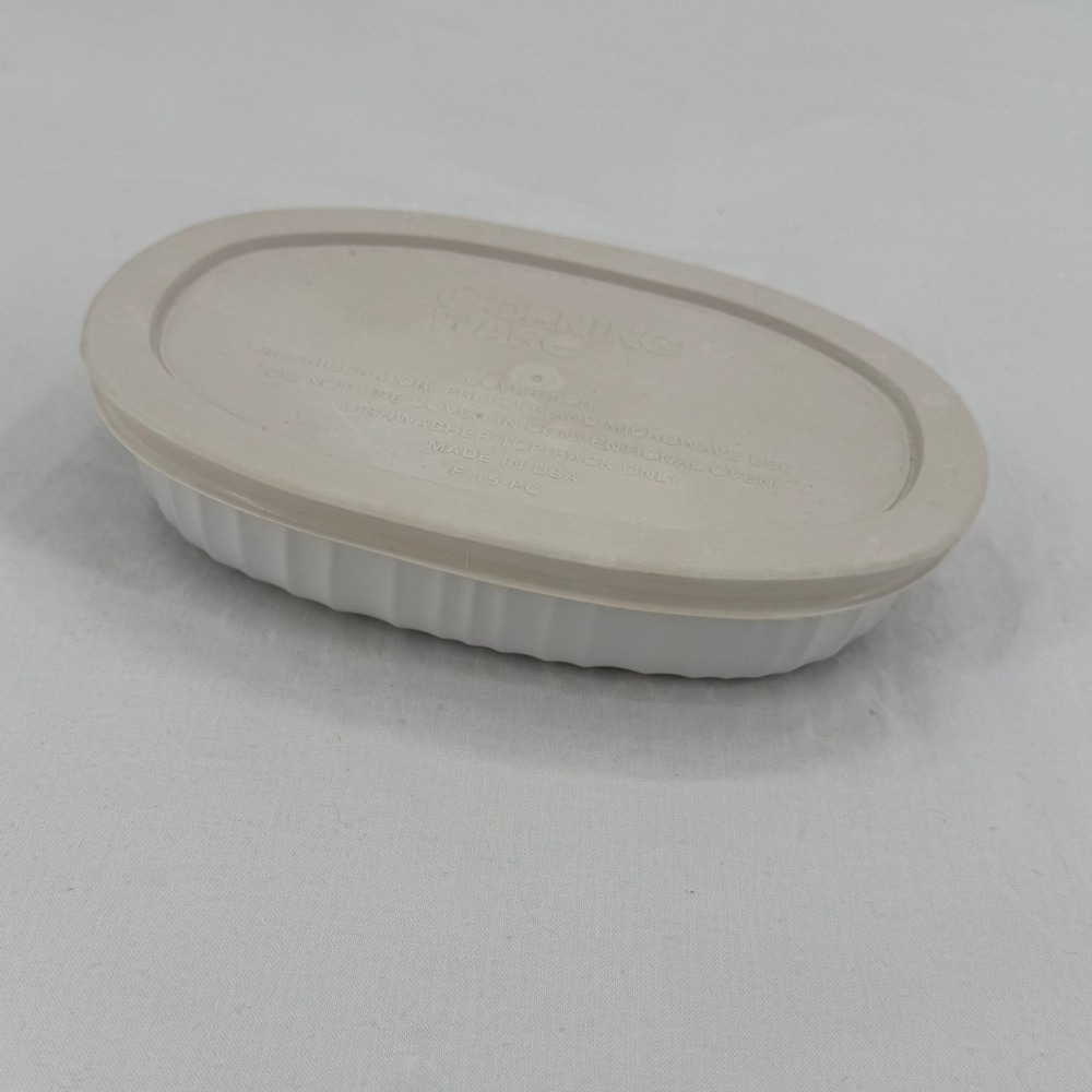 Vtg Corning Ware French White 475ml 15oz Stone Oval Casserole Dish & Lid F-15-PC